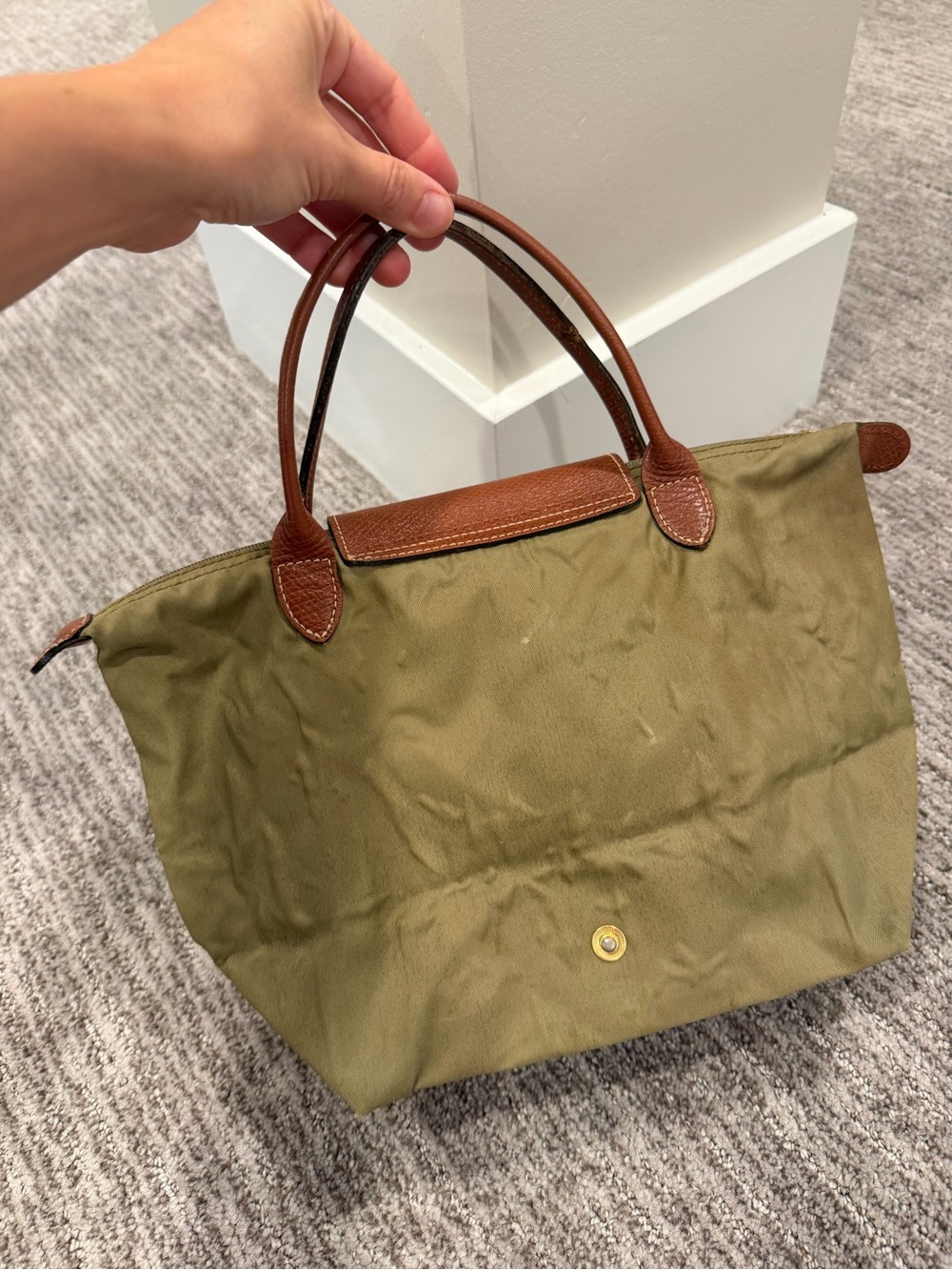 Longchamp Le Pliage Small Top Handle Tote Bag Khaki Green Made in France 13”x8.5 - Picture 6 of 11